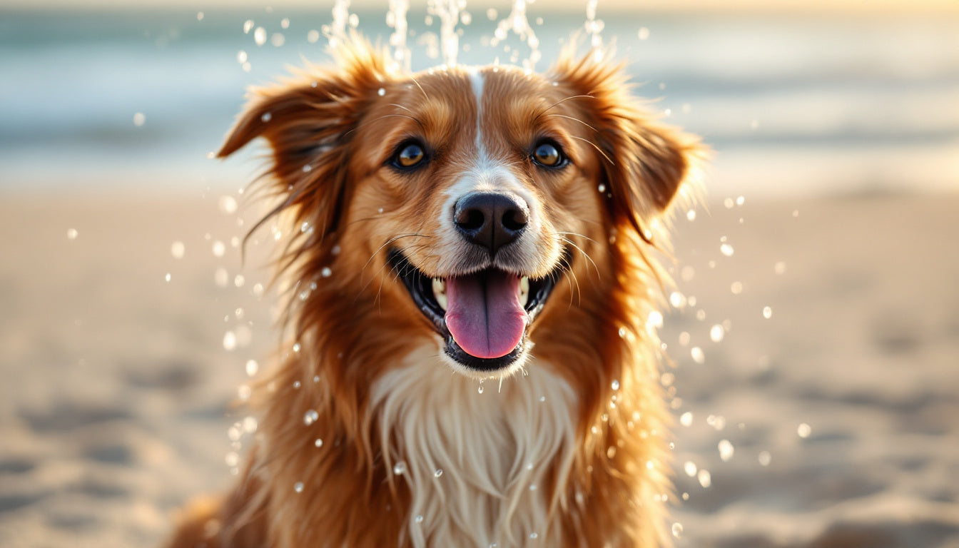 Cane sciacquato con acqua dolce alla doccia della spiaggia per rimuovere sabbia e salsedine dal pelo