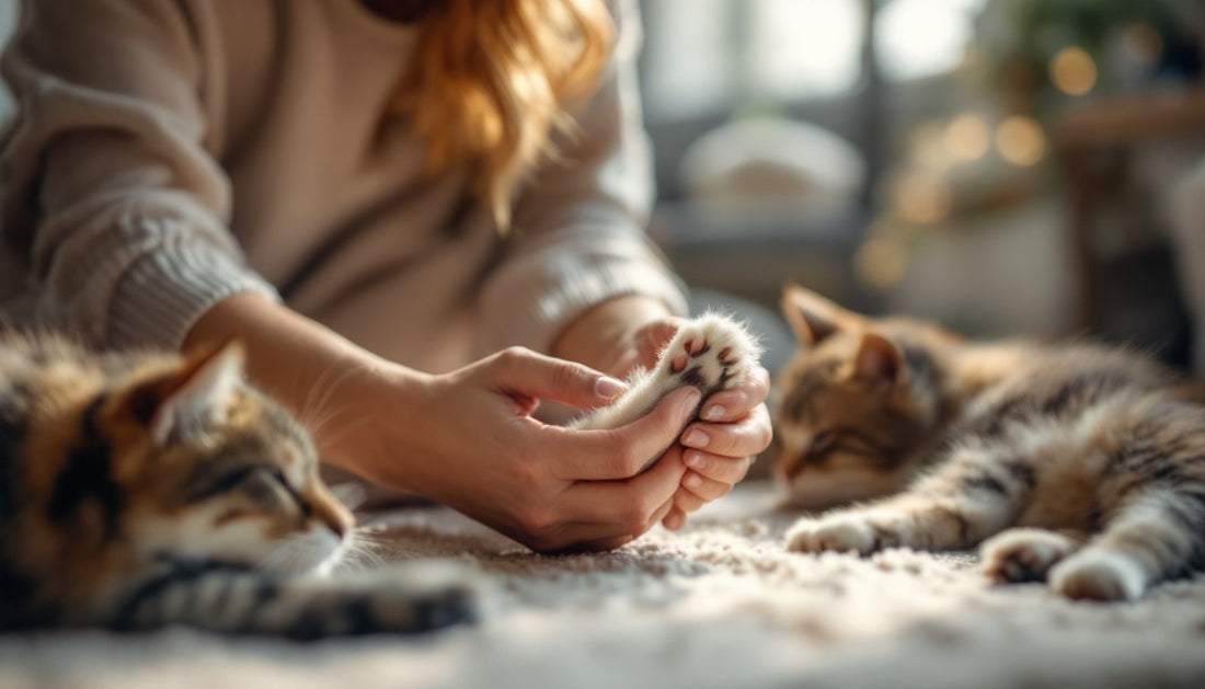 Persona che tiene delicatamente la zampa di un cane per il taglio delle unghie in un ambiente domestico sereno
