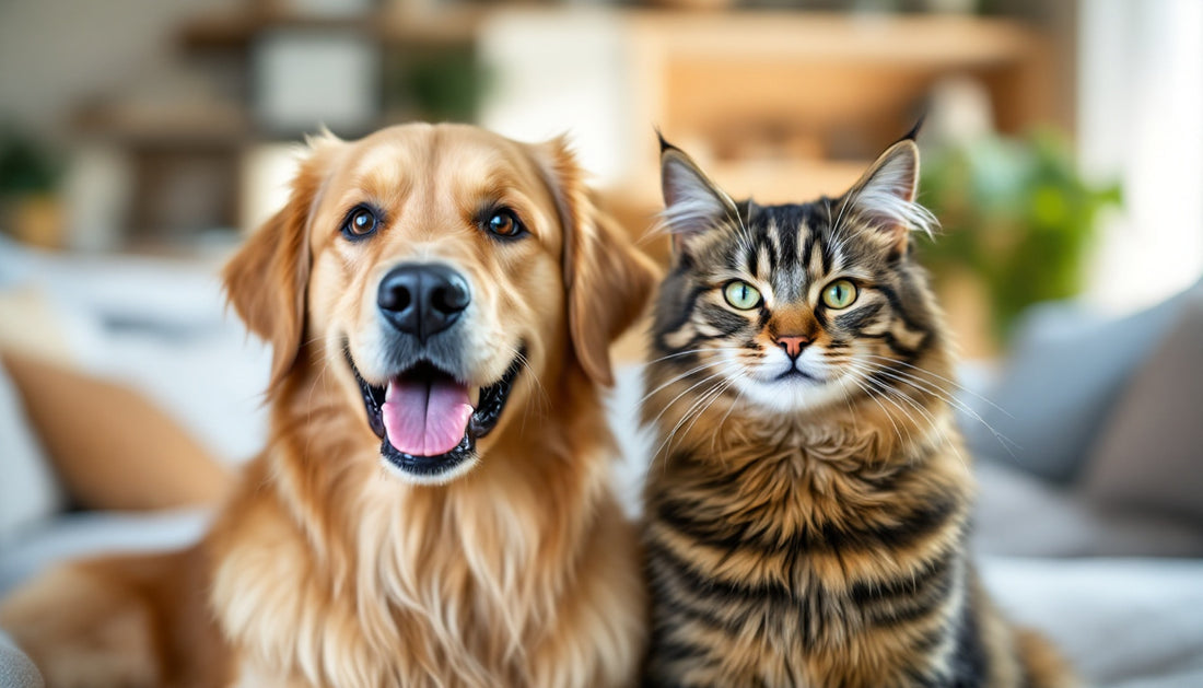 Un cane e un gatto rilassati insieme in casa, simbolo di cura dell'igiene dentale quotidiana