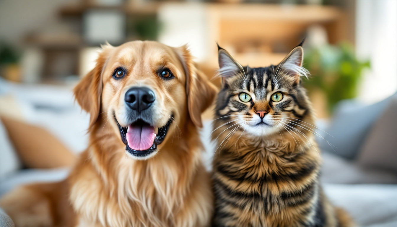 Un cane e un gatto rilassati insieme in casa, simbolo di cura dell'igiene dentale quotidiana