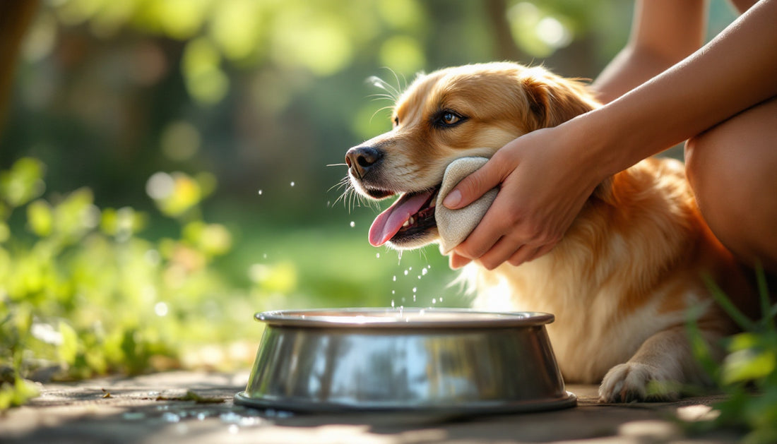 Persona rinfresca un cane ansimante all'ombra con un panno umido e una ciotola d'acqua fresca durante una giornata estiva calda