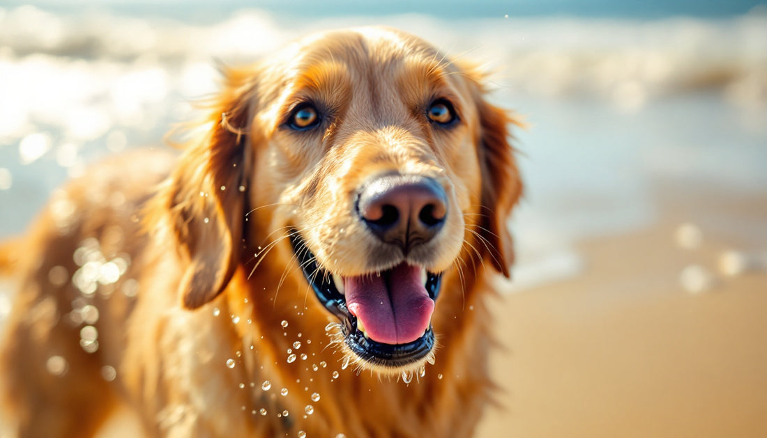 Cane sulla spiaggia che si scrolla l'acqua dalle orecchie dopo un bagno al mare in estate