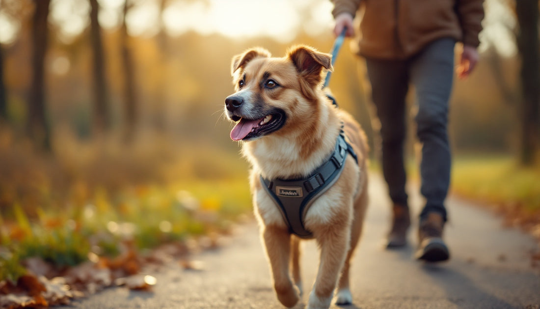 Cane di taglia media che indossa un'imbracatura imbottita durante una passeggiata al parco