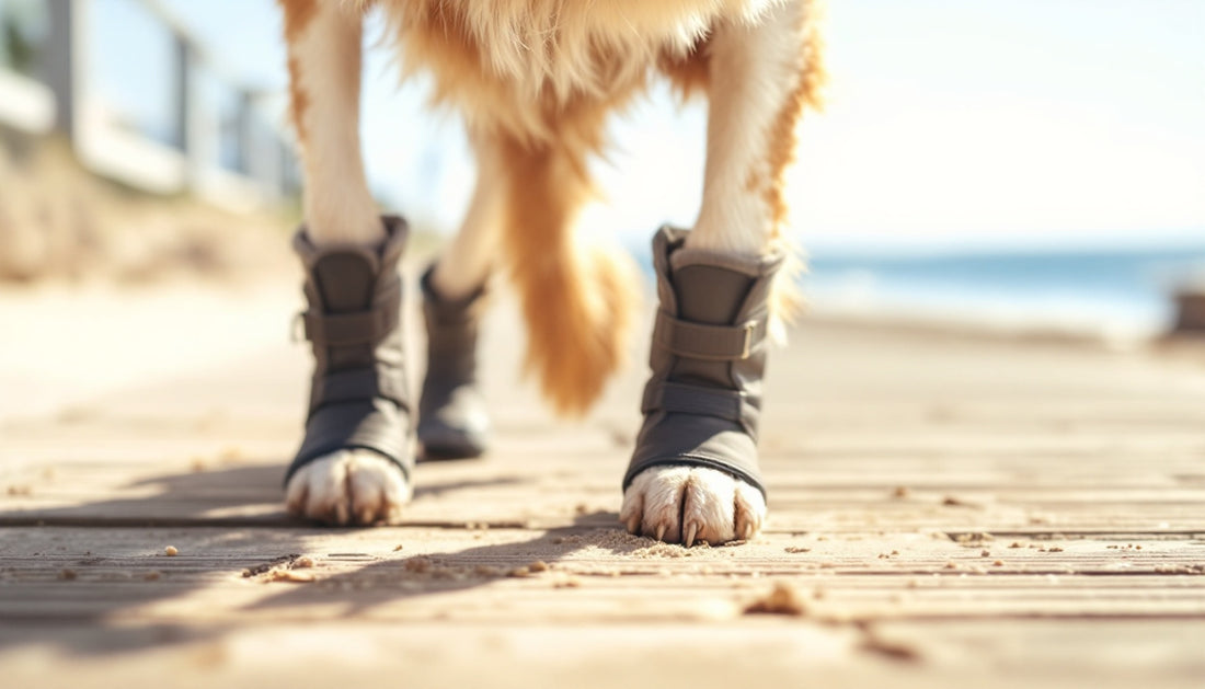 Cane che cammina in spiaggia indossando scarpine protettive per le zampe in una giornata estiva soleggiata