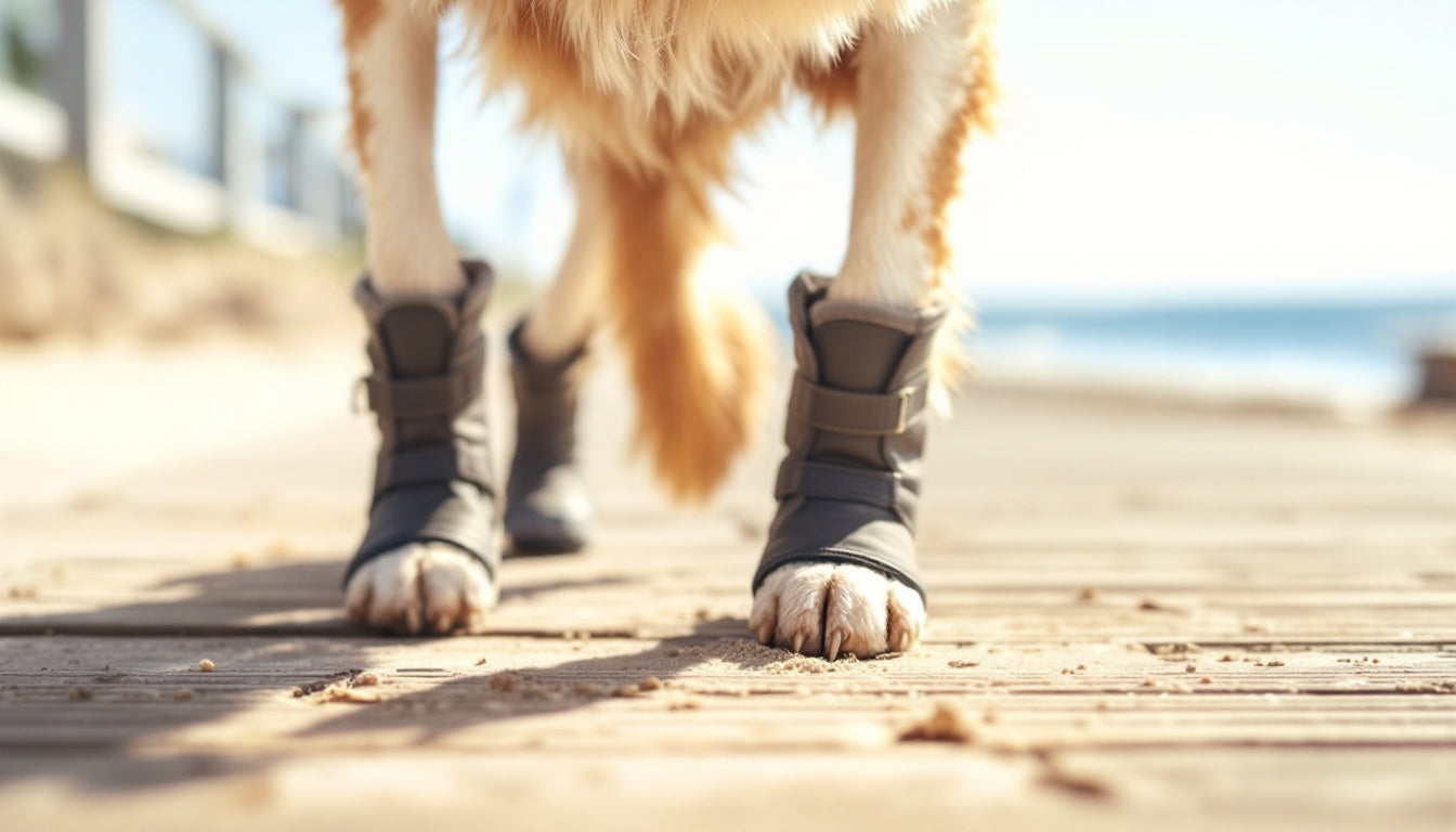 Cane che cammina in spiaggia indossando scarpine protettive per le zampe in una giornata estiva soleggiata