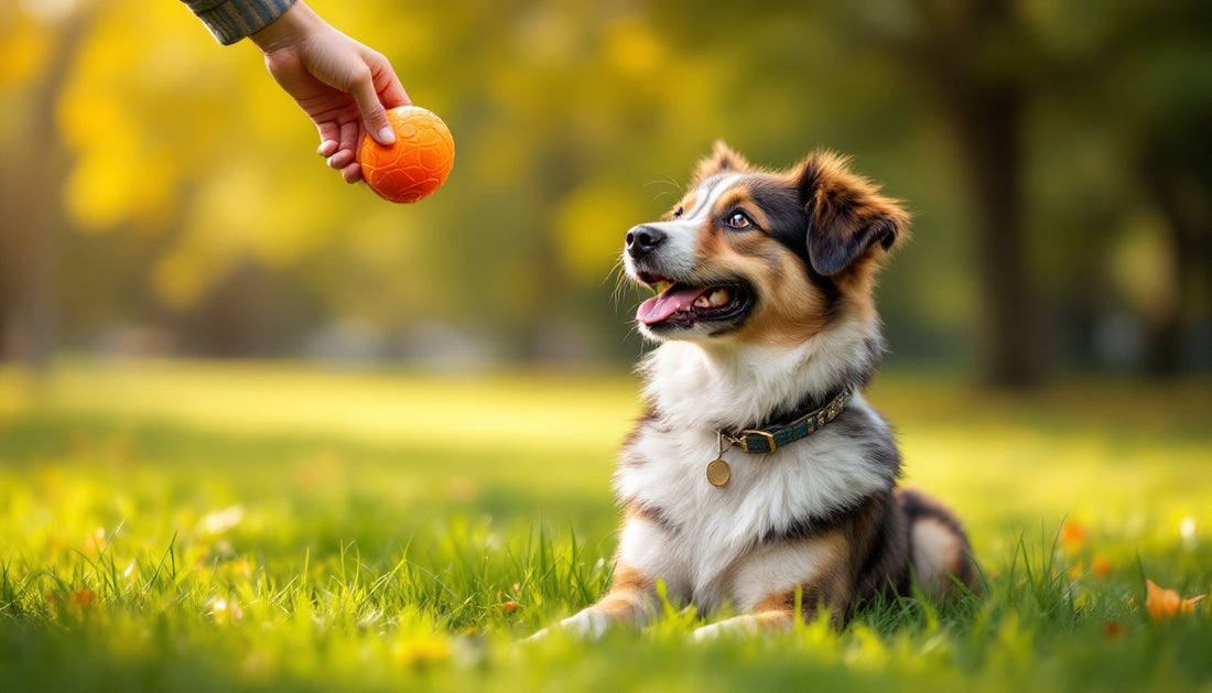 Cane seduto attento durante una sessione di addestramento con premio in un parco