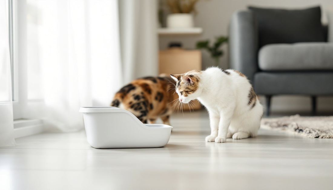 Gatto vicino alla cassetta della lettiera in un ambiente domestico pulito e luminoso