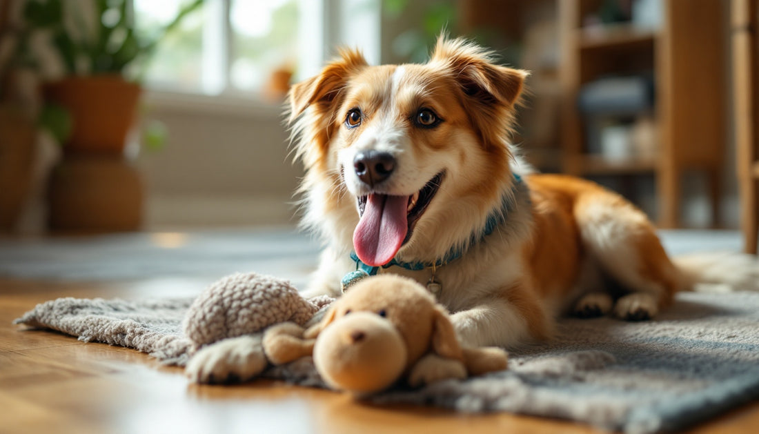Cane sereno che gioca in casa con tappetino leccabile e peluche durante l'estate
