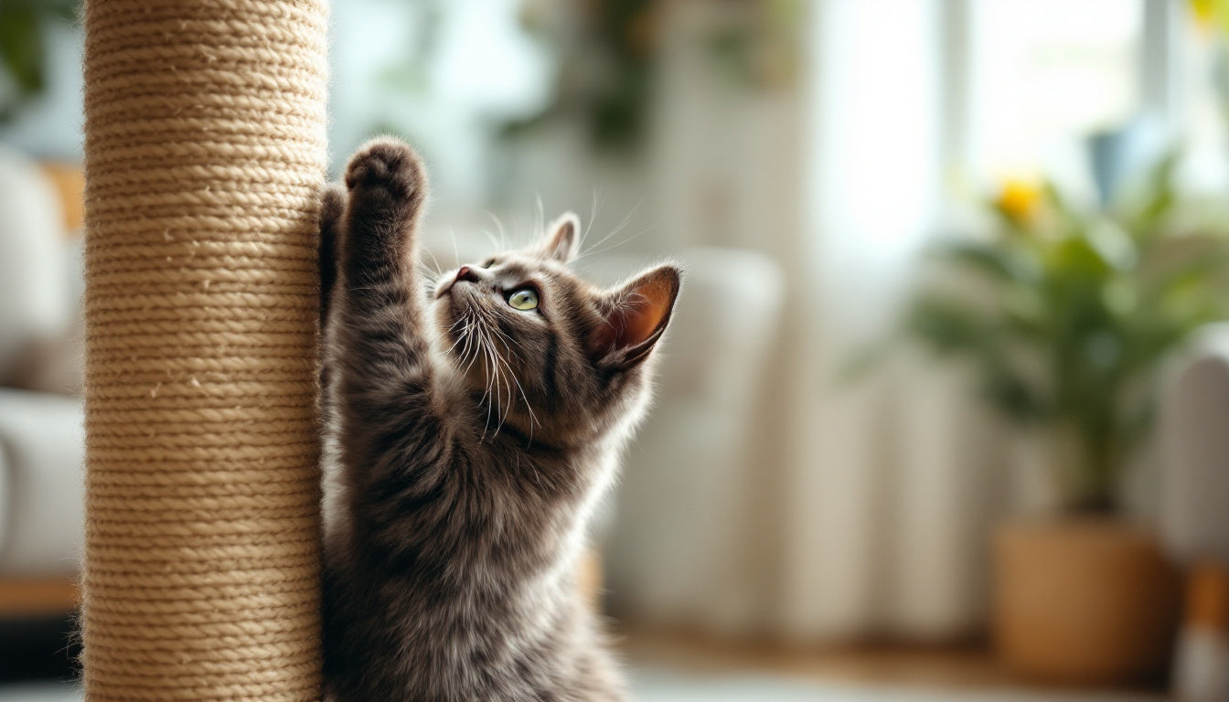 Gatto che si allunga mentre graffia un tiragraffi verticale in sisal in salotto
