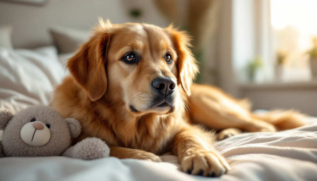Cane tranquillo disteso sulla cuccia vicino alla finestra con un peluche accanto