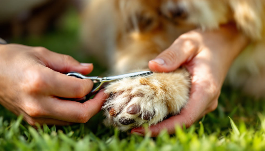 Mani che accorciano con cura il pelo tra le dita della zampa di un cane per prevenire i forasacchi