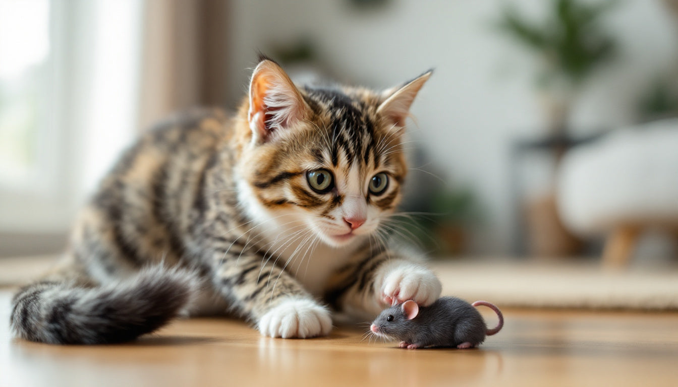 Gatto che gioca con un topolino su un pavimento in legno in un salotto luminoso