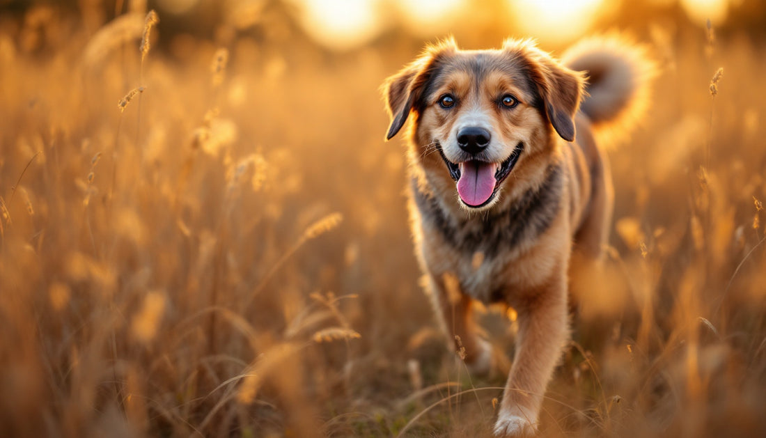 Cane che cammina in un prato estivo secco con spighe di graminacee, potenziale fonte di forasacchi