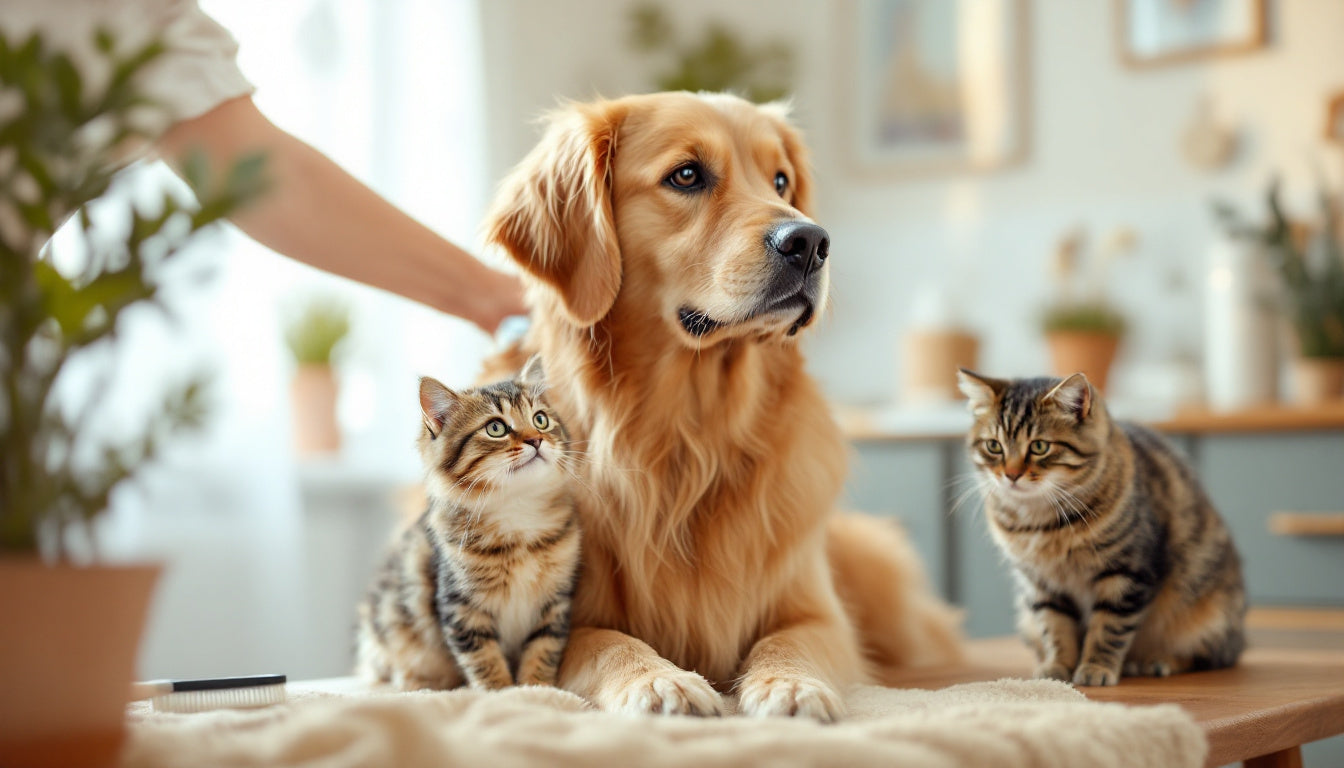 Persona che spazzola un cane a pelo folto con un gatto vicino, gestione della muta e del pelo