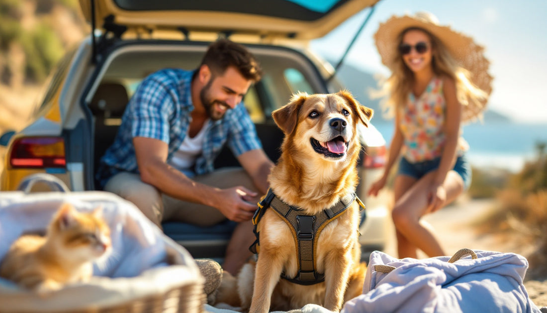 Famiglia in partenza per le vacanze con cane assicurato in auto e trasportino per gatto