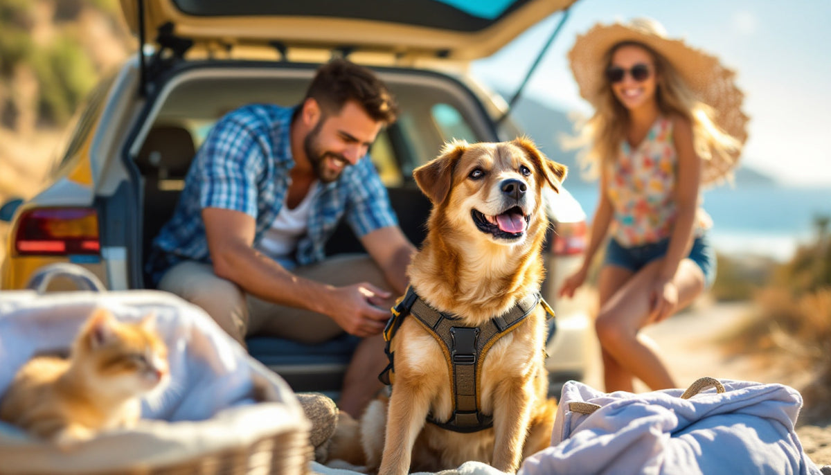 Famiglia in partenza per le vacanze con cane assicurato in auto e trasportino per gatto