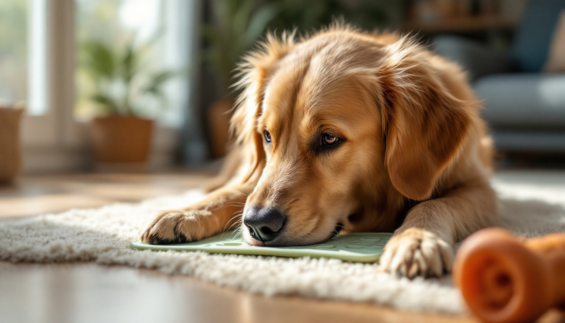 Cane sereno che lecca un tappetino da leccata in salotto con un gioco da mordere accanto
