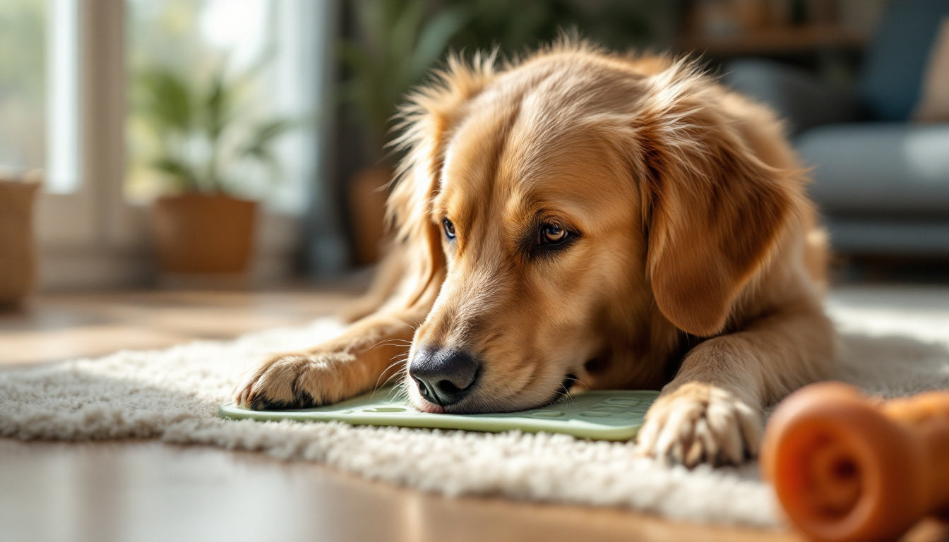 Cane sereno che lecca un tappetino da leccata in salotto con un gioco da mordere accanto