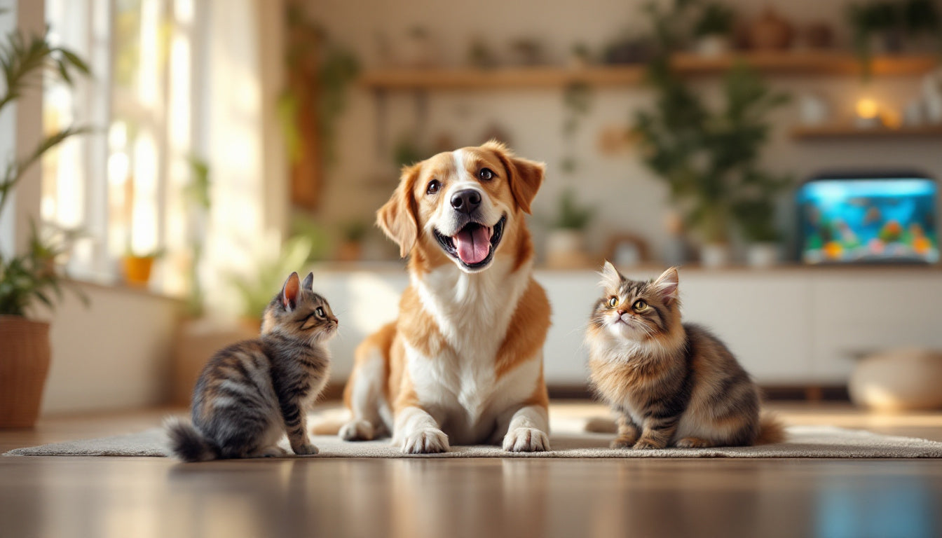 Cane, gatto, coniglio e acquario in un ambiente domestico luminoso e accogliente