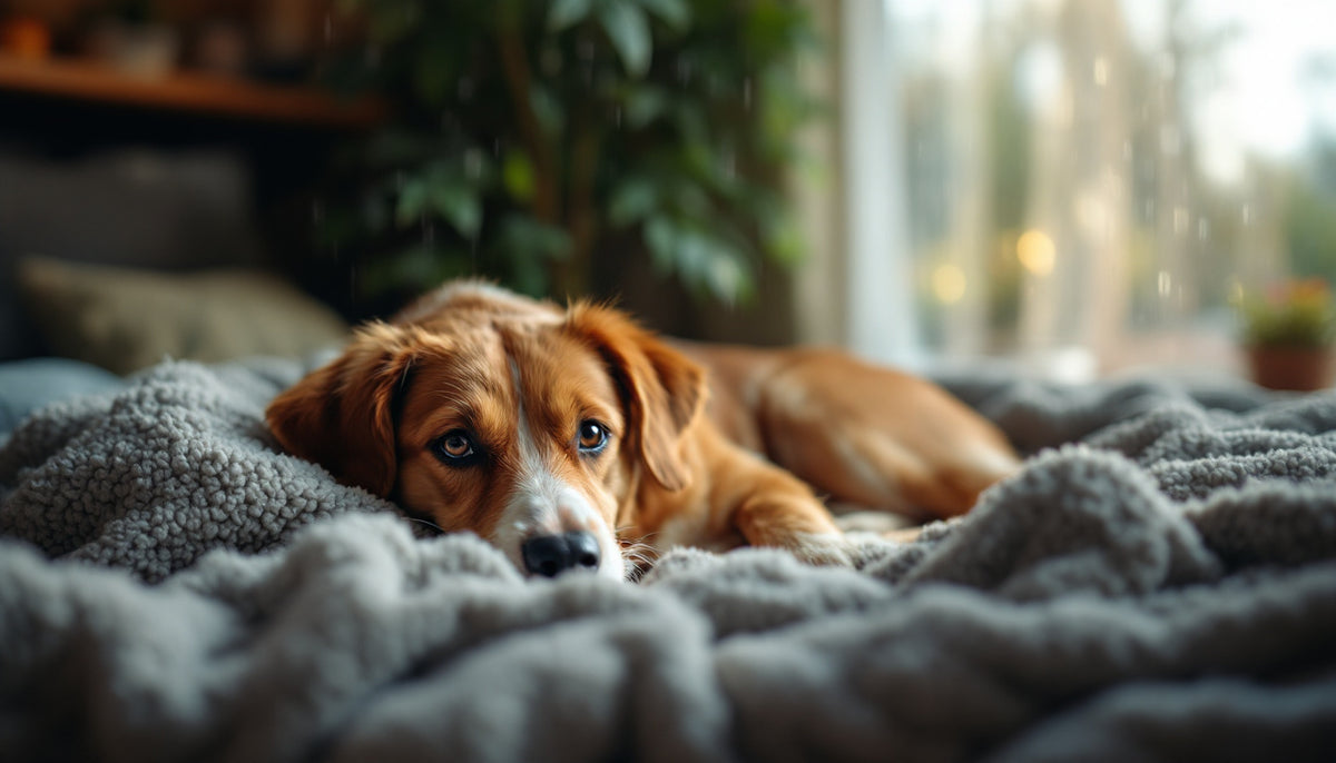 Cane rilassato disteso su una coperta in casa mentre fuori piove, in un ambiente accogliente