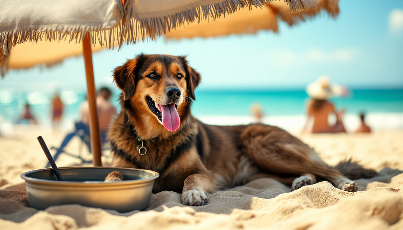 Cane sdraiato all'ombra di un ombrellone in spiaggia accanto a una ciotola d'acqua pieghevole in una giornata estiva