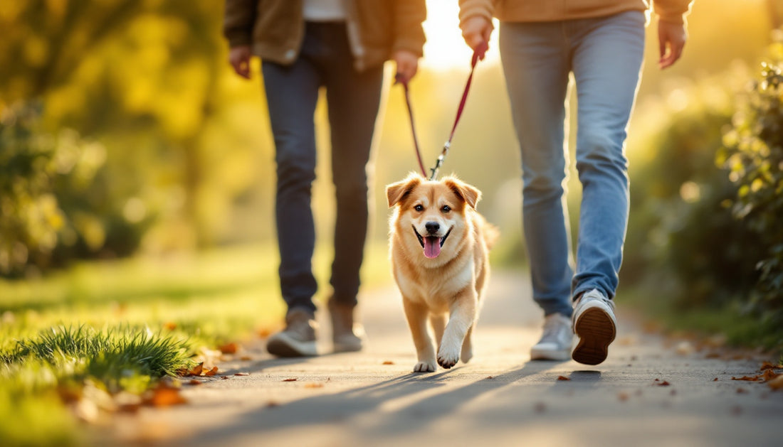 Cane a passeggio al guinzaglio accanto al proprietario lungo un vialetto del parco