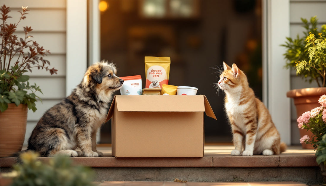 Pacco di consegna con prodotti per animali sulla soglia di casa, un cane e un gatto curiosi che lo osservano