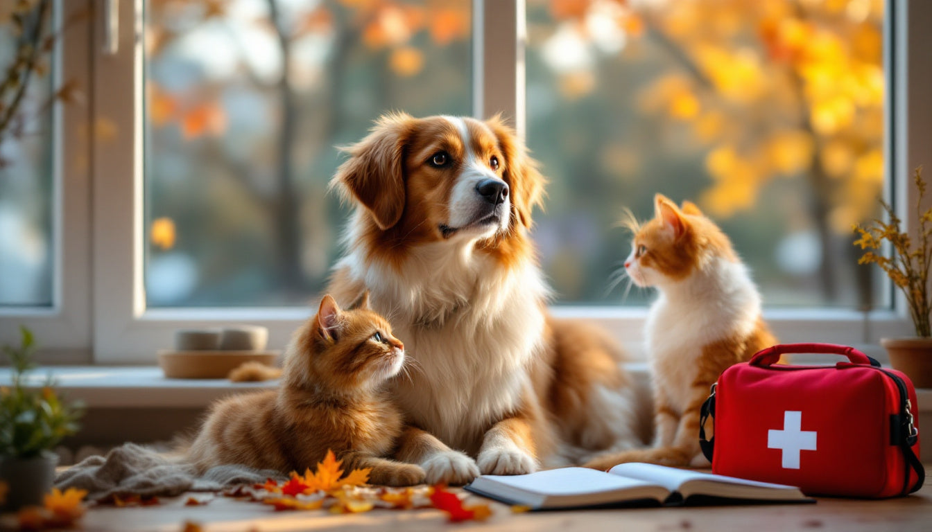 Cane e gatto insieme in casa in autunno accanto a un libretto sanitario e un kit di pronto soccorso