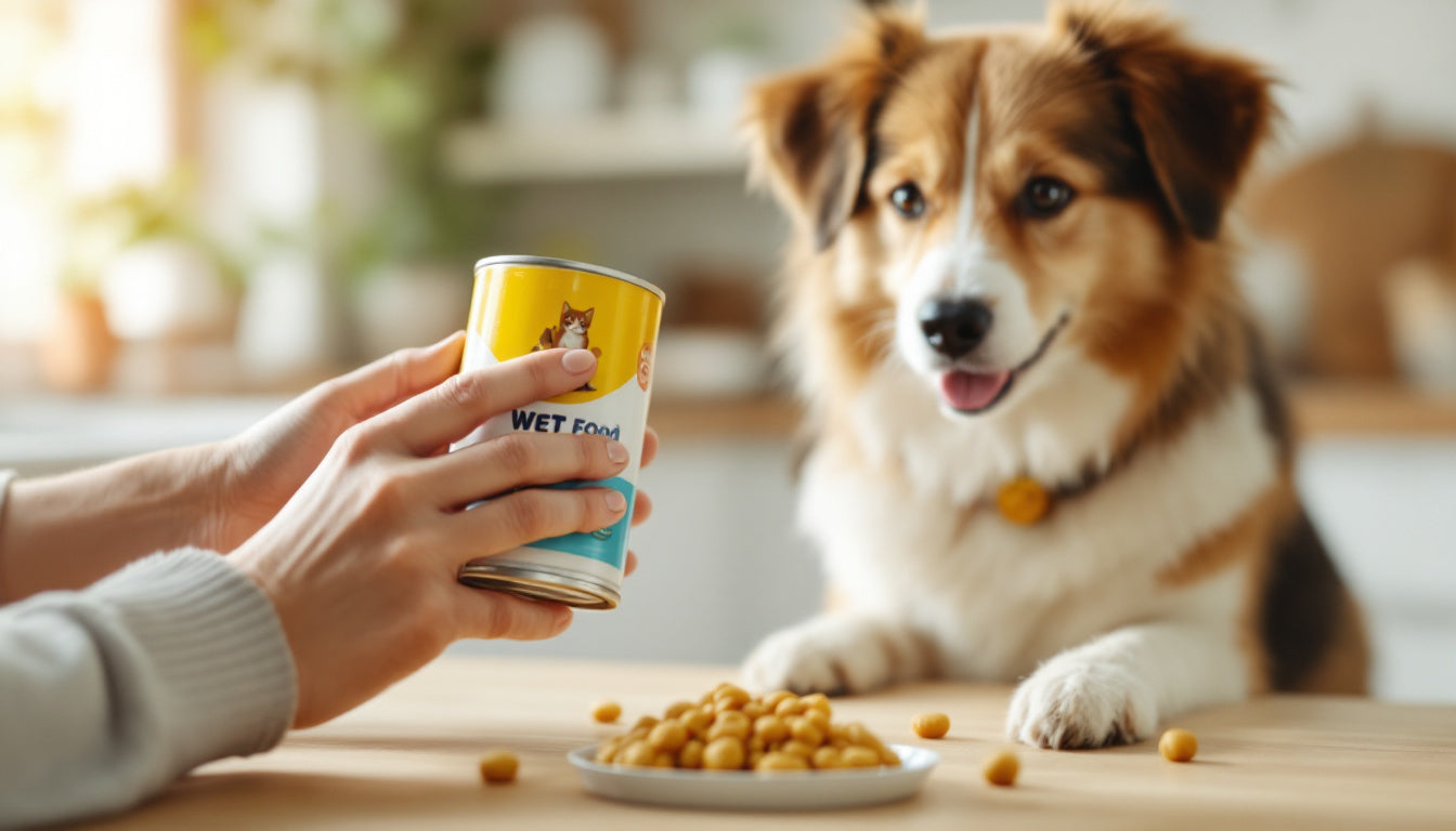 Persona che legge l'etichetta di una scatoletta di cibo umido con cane e gatto accanto