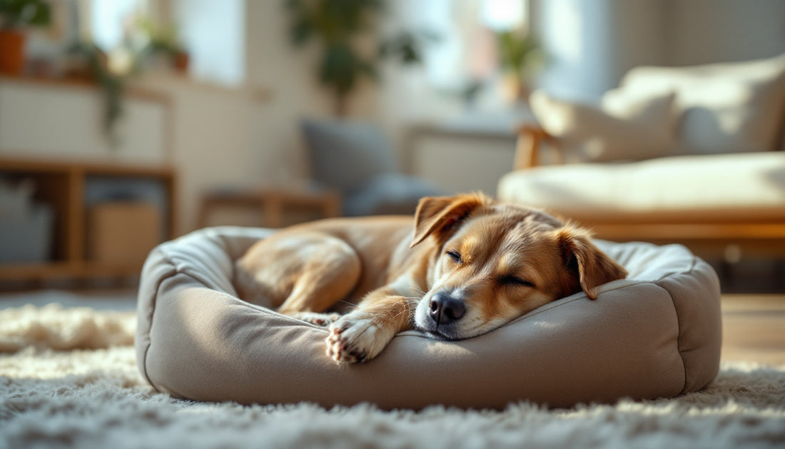 Cane rilassato in una cuccia morbida e imbottita all'interno di un salotto luminoso
