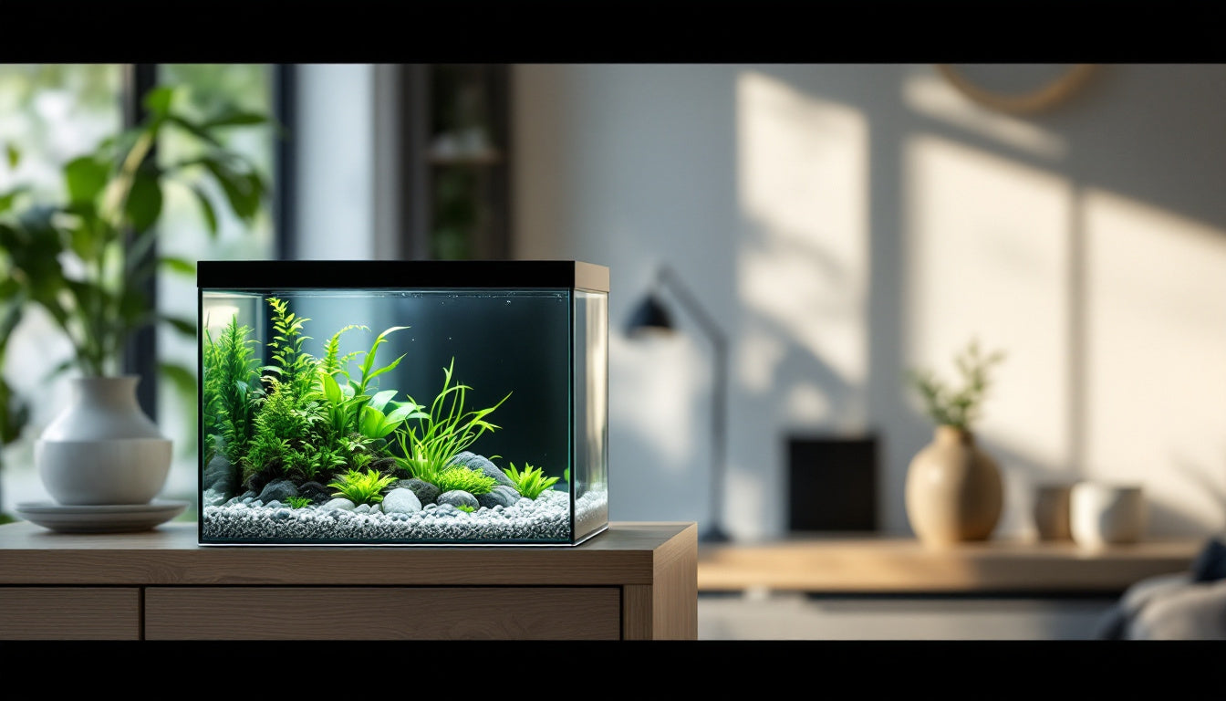 Acquario domestico su mobile in soggiorno luminoso con piante acquatiche e acqua limpida