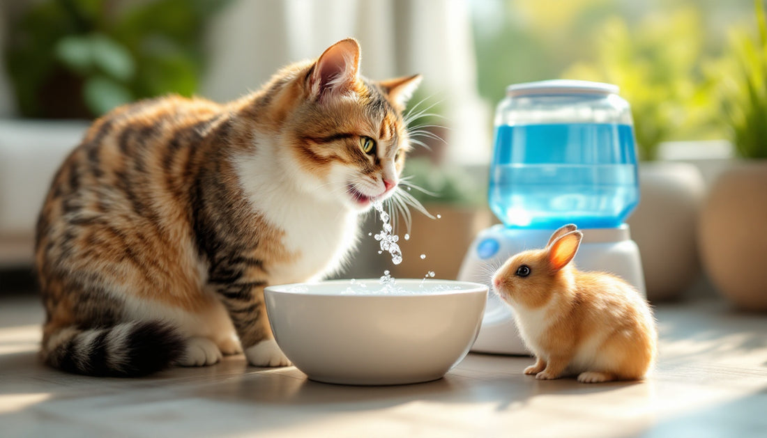 Gatto che beve da una ciotola di ceramica accanto a un abbeveratoio per piccoli animali in una stanza luminosa d'estate