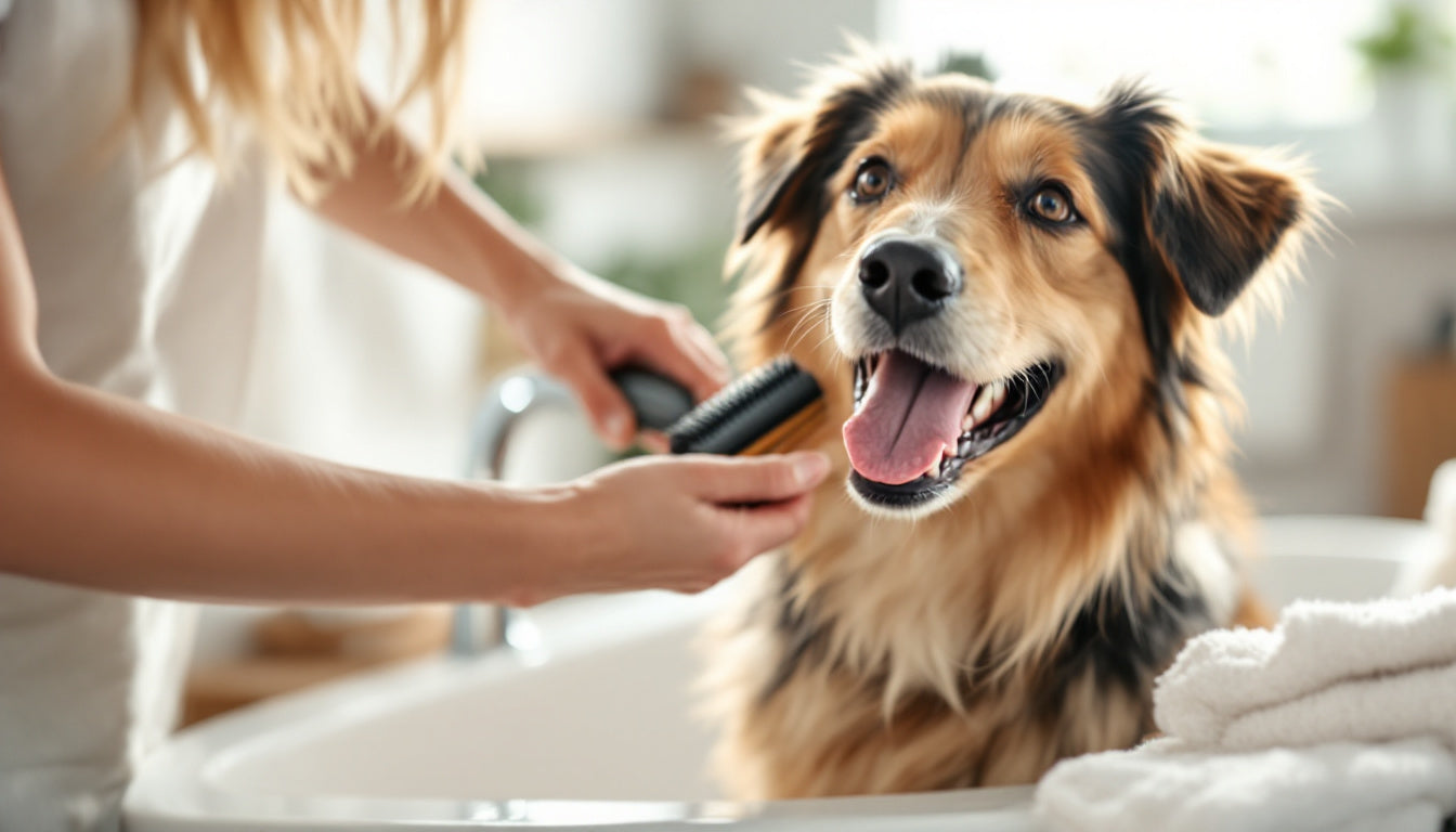 Cane spazzolato delicatamente a casa durante una sessione di toelettatura