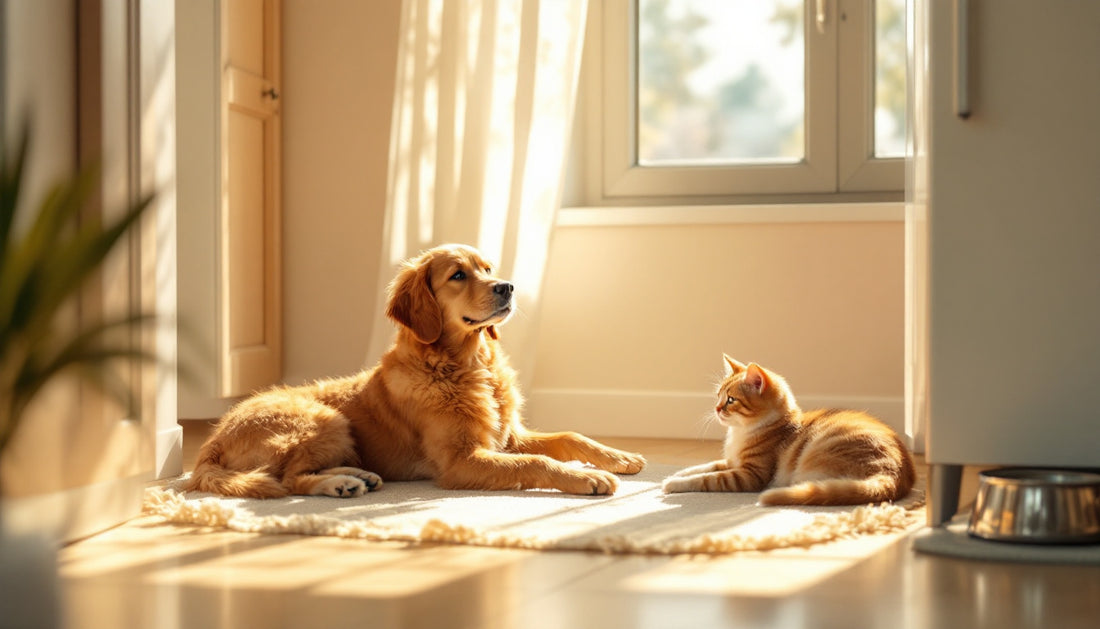 Cane e gatto che riposano in un angolo fresco e ombreggiato della casa con tappetino e ciotola d'acqua