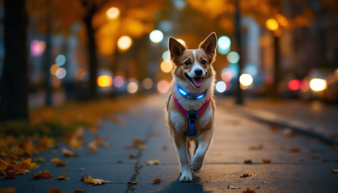 Cane a passeggio all'imbrunire in autunno con collare LED illuminato e imbracatura dai colori vivaci su un marciapiede cittadino