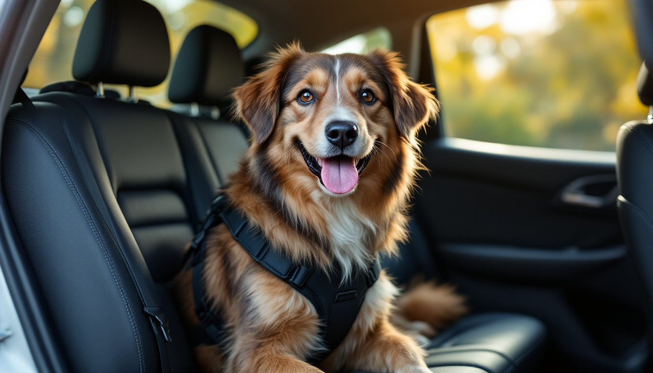 Cane assicurato con imbracatura di sicurezza sul sedile posteriore di un'auto durante un viaggio estivo