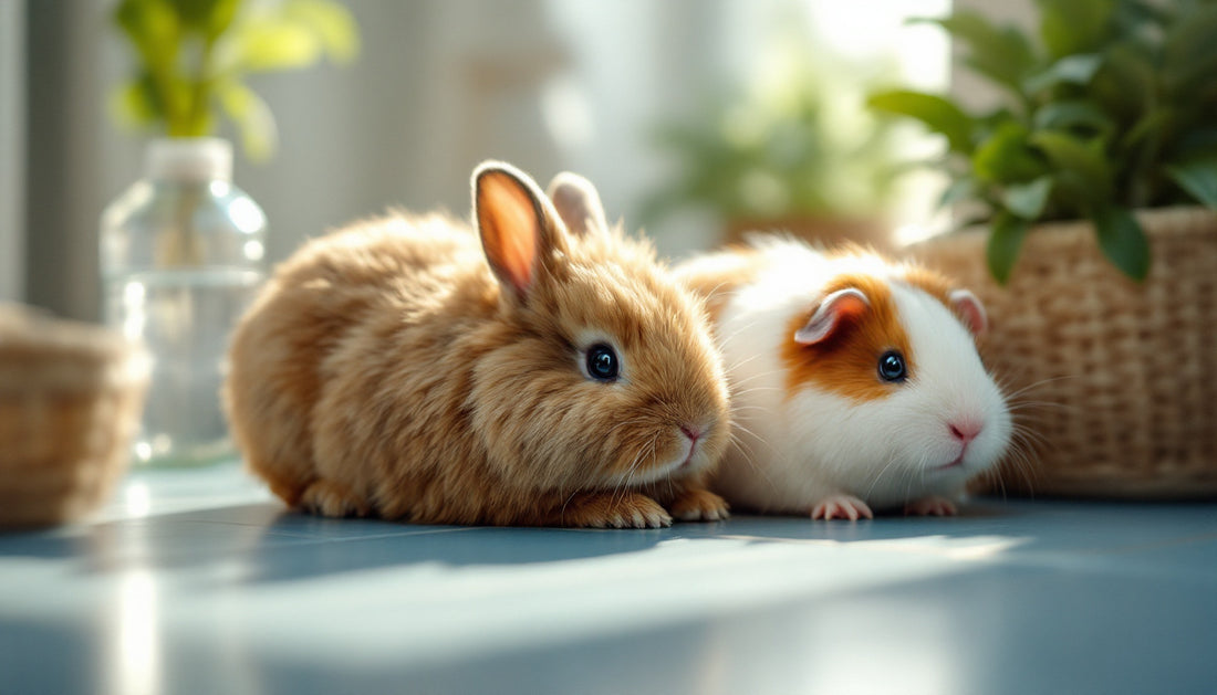 Coniglio e cavia a riposo su una piastrella fresca vicino a un abbeveratoio in una stanza luminosa d'estate