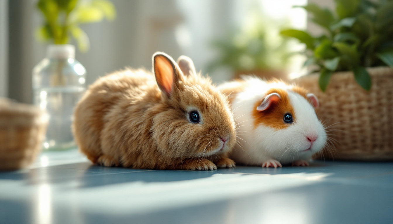 Coniglio e cavia a riposo su una piastrella fresca vicino a un abbeveratoio in una stanza luminosa d'estate