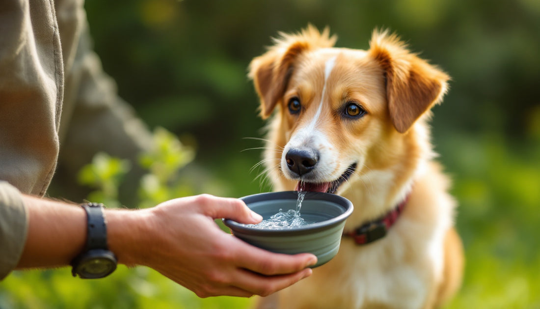 Cane che beve acqua da una ciotola da viaggio durante una gita estiva all'aperto
