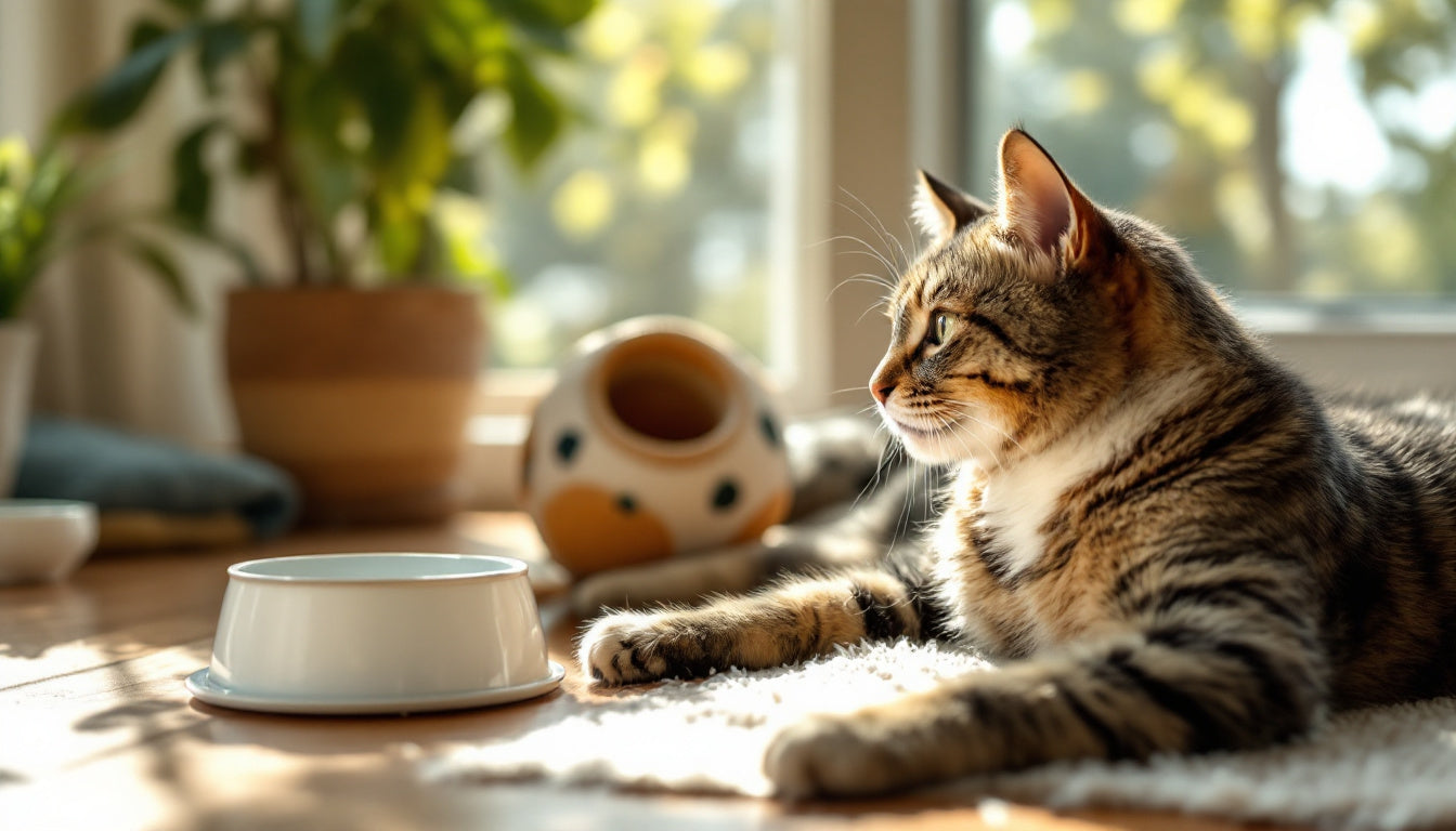 Gatto tigrato rilassato vicino a una finestra luminosa in casa d'estate con ciotola e giochi nelle vicinanze