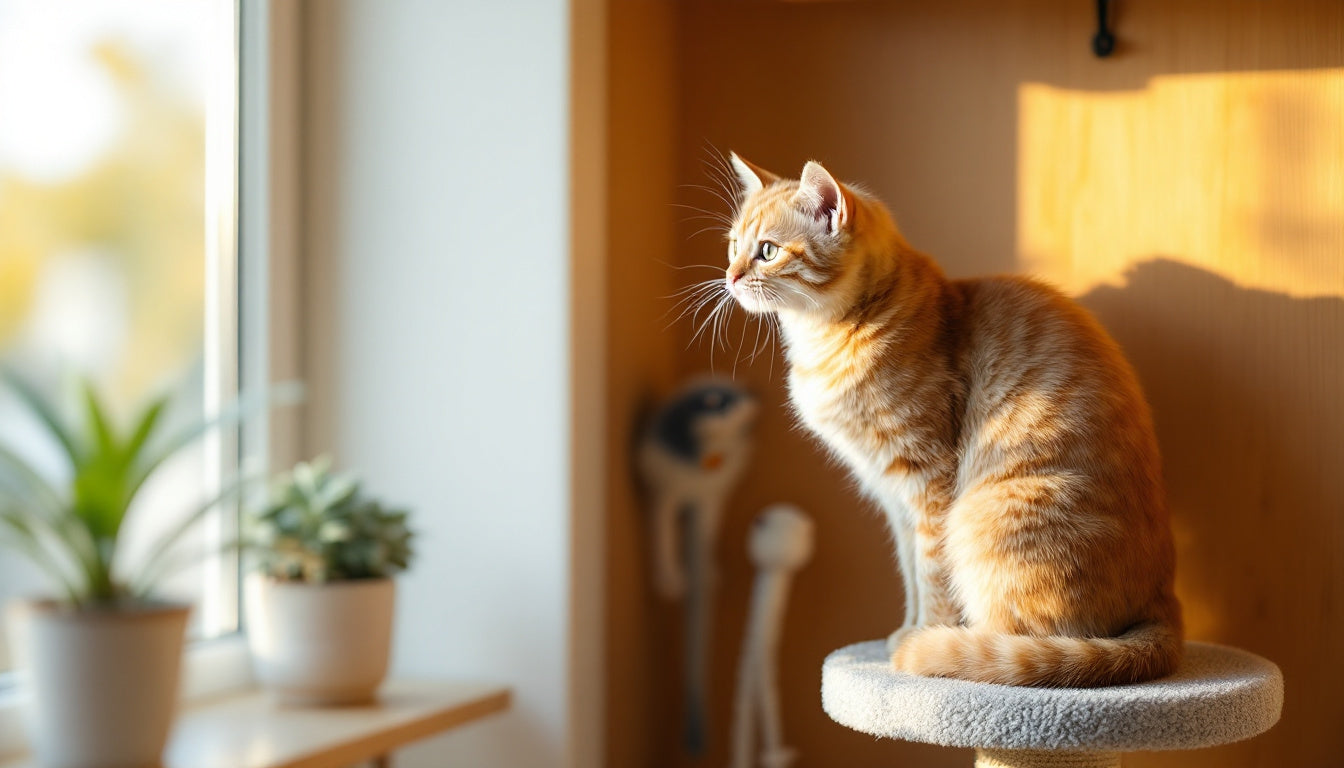 Gatto domestico che gioca e si arrampica su una mensola vicino alla finestra in un ambiente stimolante