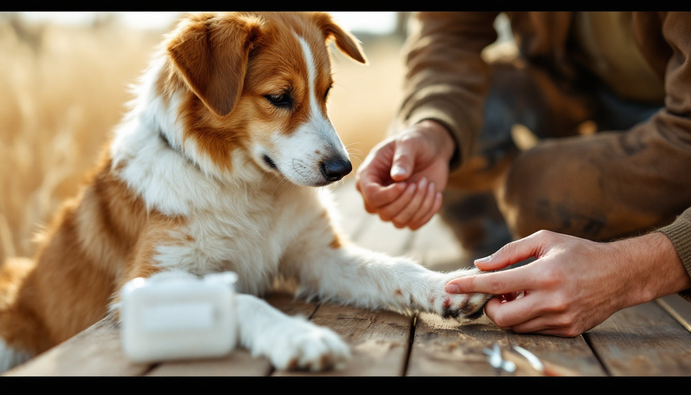 Padrone controlla la zampa del cane dopo la passeggiata alla ricerca di forasacchi, con kit di pronto soccorso accanto