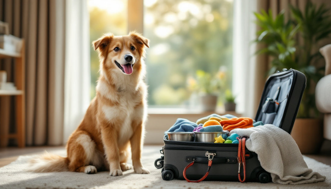 Cane seduto accanto a una valigia aperta con accessori da viaggio in una camera d'albergo luminosa