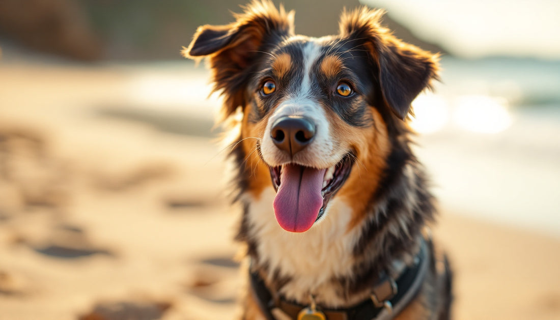 Cane in spiaggia d'estate con imbracatura e medaglietta identificativa al tramonto
