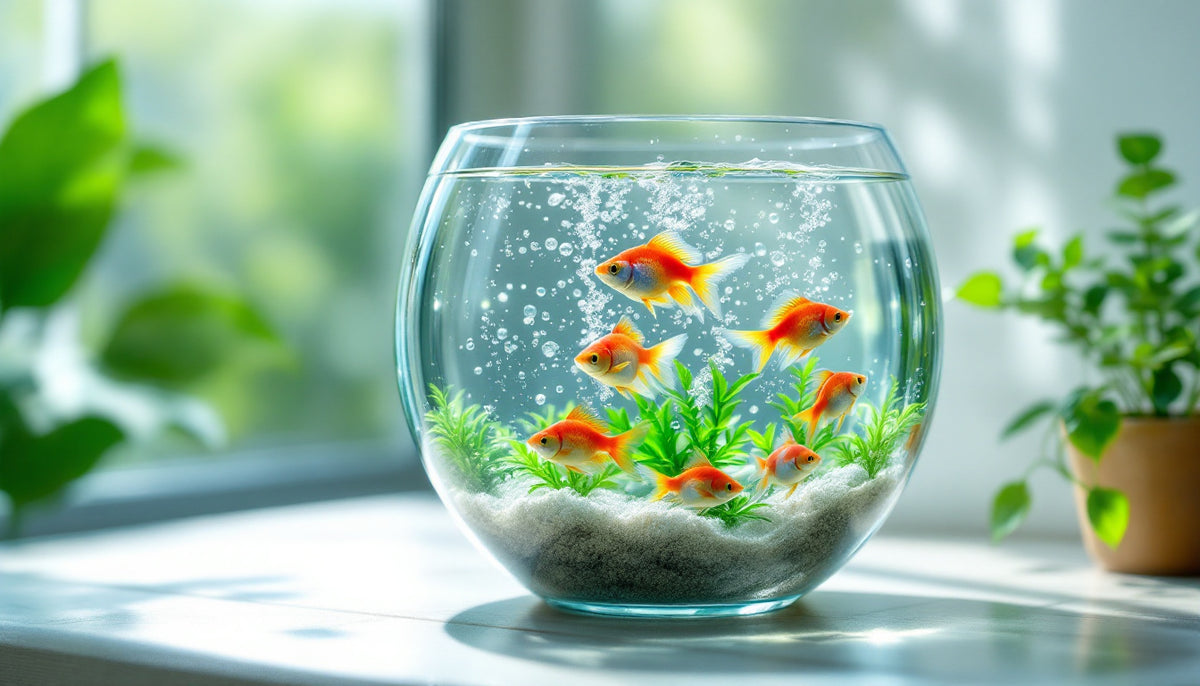 Piccolo acquario d'acqua dolce con pesci colorati e bollicine d'aria in una stanza fresca e luminosa d'estate