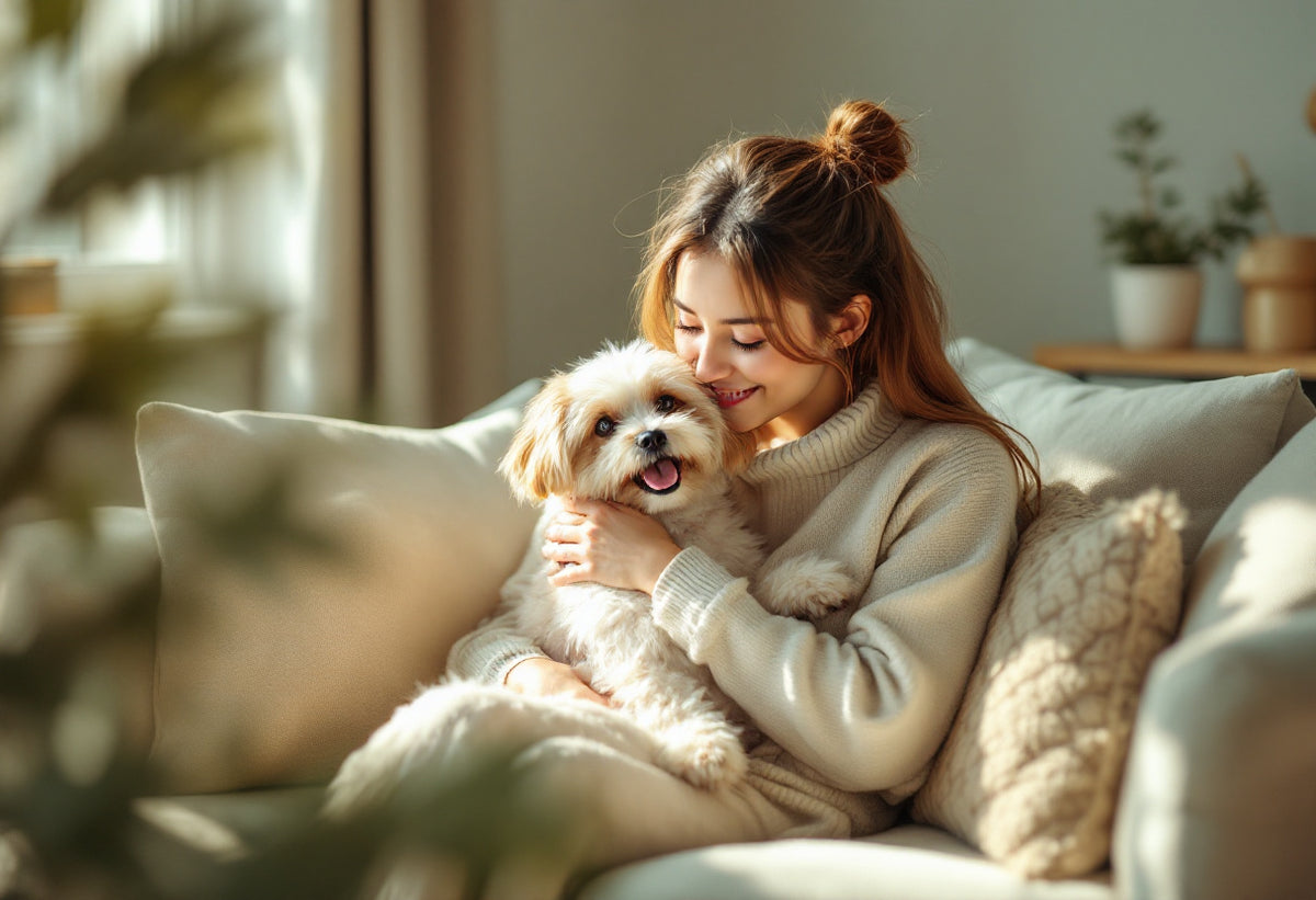 Ragazza che coccola il suo cane sul divano